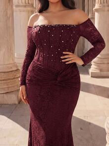Coutiva Elegant Classy Cold Shoulder Fitted Long Evening Dress For Formal Dinner Evening Banquet Wedding Brown Autumn - Burgundy - View 3