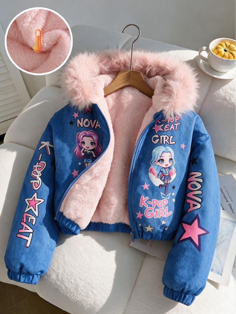 SHEIN 青少年女孩藍色冬季夾克 抓絨內裡連帽衫 K-Pop卡通圖案人造毛連帽背心 保暖寒冷天氣穿搭 - 藍色 - 查看 1