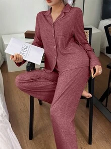 SHEIN 女款寬鬆休閒可愛舒適針織翻領長袖長褲睡衣套裝家居服 咖啡棕 秋季 - 酒紅色 - 查看 4