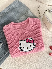 HELLO KITTY AND FRIENDS | SHEIN GraphicGems 女童圓領刺繡針織毛衣，純粉色，可愛甜美，休閒簡約百搭，舒適柔軟，適合日常穿著、戶外、上學、玩耍、野餐、旅行 - 粉色 - 查看 3
