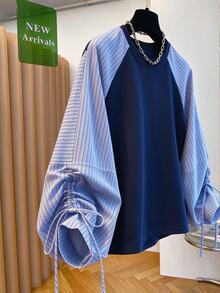 INAWLY Women's Patchwork Striped Raglan Long Sleeve Loose Casual Sweatshirt - Blue - View 6