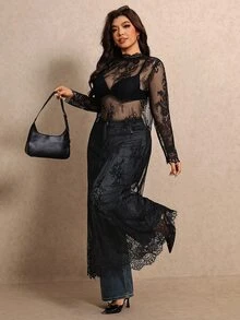Elaquor Đầm thời trang nữ size lớn cổ đứng tay dài ren xuyên thấu - màu đen - Xem 3