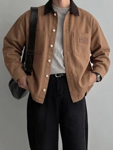 DAZY 春秋拼接領撞色水洗做舊男士牛仔夾克 - 棕色 - 查看 3