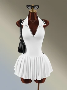 Amplova Women's Striped Colorblock Pleated Dress And Shorts Sportswear Set - White - View 1