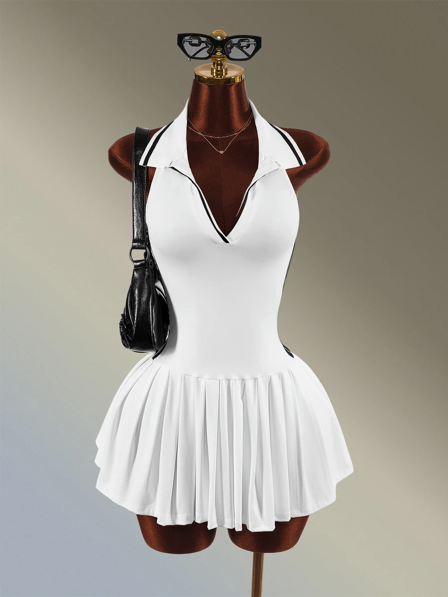Amplova Women's Striped Colorblock Pleated Dress And Shorts Sportswear Set - White - View 1
