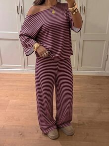 Siren Gaze Women's Striped One-Shoulder Top And Loose Pants Set - Burgundy - View 6