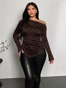 Firerie Plus Size Women Polka Dot Asymmetrical Shoulder Casual Daily Wear T-Shirt - Brown - View 1