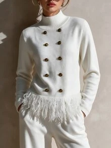 Omancia Autumn/Winter Double-Breasted Tassel Pullover Turtleneck Sweater - White - View 3