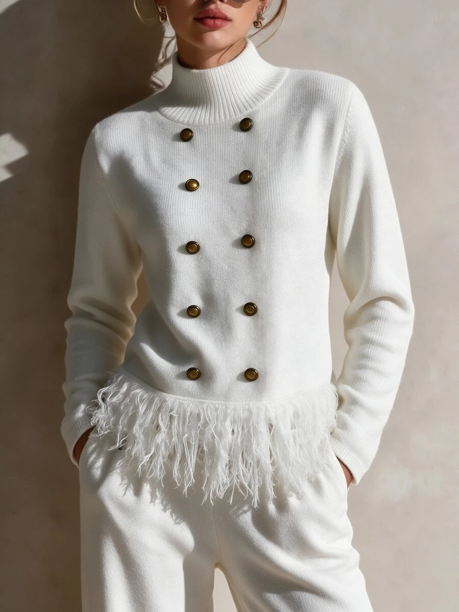 Omancia Autumn/Winter Double-Breasted Tassel Pullover Turtleneck Sweater - White - View 1