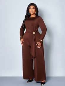 SOLERSUN Plus Size Solid Color Draped Long Sleeve Jumpsuit, Round Neck, Minimalist Cut, Waist Side Metal Buckle With Flap, Evening Party, Elegant Mature Style, One-Piece - Coffee Brown - View 6