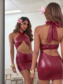 SHEIN ICON Women's Solid Color PU Leather Cut-Out Design Sexy Criss-Cross Halter Mini Dress - Burgundy - View 4