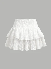 SHEIN Girlism 青少年女孩白色夏季仙女風休閒針織蕾絲抓皺 A 字溜冰裙，雙層荷葉邊迷你裙內含內褲短褲 - 白色 - 查看 3