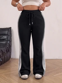 Muchica Plus Size Women's Side Stripe Drawstring Waist Casual Flare Sweatpants - Black - View 7