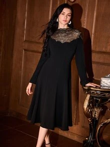MOTF PREMIUM WOMEN'S LACE PATCHWORK CASUAL PARTY & TRAVEL DRESS - Black - View 5