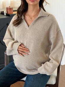 DAZY Solid Color Loose Fit Collared Long Sleeve Casual Vintage Korean Style Daily Autumn/Winter Thick Knit Sweater For Maternity - Khaki - View 7