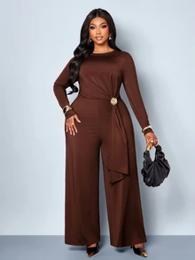 SOLERSUN Plus Size Solid Color Draped Long Sleeve Jumpsuit, Round Neck, Minimalist Cut, Waist Side Metal Buckle With Flap, Evening Party, Elegant Mature Style, One-Piece - Coffee Brown - View 7