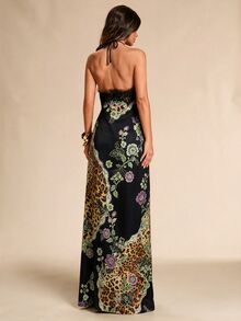 SHEIN BAE 秋冬豹紋緞面掛脖無袖抓褶優雅時尚復古洋裝，適合派對、婚禮賓客、夜晚外出 - 彩色 - 查看 2