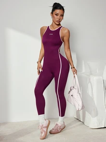 Slayform Women's Seamless Colorblock Sexy Open Back Tank Top & Line Colorblock Long Pants Sports Jumpsuit, Suitable For Yoga, Workout, Running - Red Violet - View 7