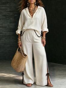 Weeklong Plus Size Women's Colorblock Long Sleeve Top And Pants Casual Set - Apricot - View 4
