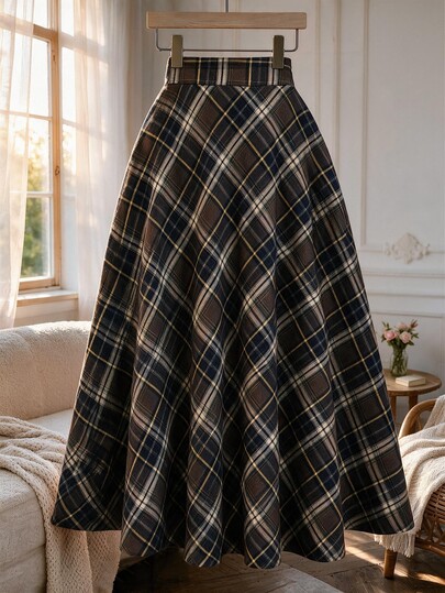 GlowEve CURVE Plus Size Women's Vintage Plaid High Waist A-Line Skirt, Flared Umbrella Skirt, Slimming Hip-Covering For Autumn/Winter