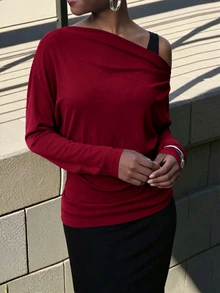 INAWLY Solva Women's Solid Color Asymmetrical Shoulder Long Sleeve Fashion Elegant Top - Burgundy - View 2