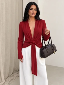 INAWLY Burgundy Deep V-Neck Tie-Front Long Sleeve Ribbed Knit Top, Slim Fit - Burgundy - View 6