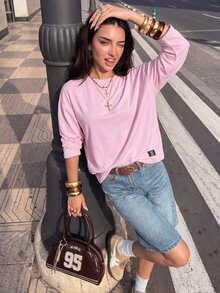 Muchica 秋冬款純色粉色修身短版 T-shirt，附蝴蝶結裝飾 - 淺粉色 - 查看 2