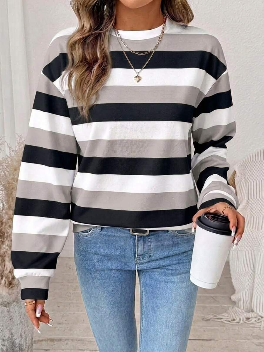 SHEIN LUNE 女款衛衣,秋季服飾,休閒極簡復古優雅通勤百搭保暖印花藍白條紋,秋季穿搭,女款通勤穿搭,百搭上衣,外出穿搭,機場穿搭 - 白色 - 查看 1