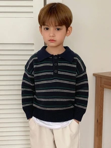 Hapijoa Sweater Rajut Tebal Garis Kontras Kerah POLO untuk Anak Laki-laki (Ukuran Kecil), Lapisan Dalam Dasar, Musim Gugur/Dingin - Navy Blue - View 4