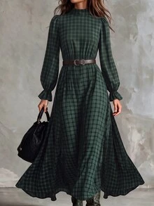 Solivie Women's Autumn Green Plaid Dress Long Sleeve - Green - View 7