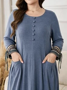 Al Najma Plus Size Women Solid Color Pleated Casual Party Arabian Dress - Dusty Blue - View 3