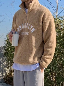 DAZY 秋冬款卡其色字母印花拉鍊立領抓絨套頭衛衣男士連帽衫 - 卡其色 - 查看 7