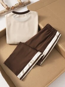 Elladie kids 2件組紫色蝴蝶結運動衫與長褲套裝，適合4-7歲小女孩，休閒運動套裝，秋季女童長袖慢跑套裝，兒童上衣與下裝居家舒適套裝，獨角獸風格 - 棕色 - 查看 2