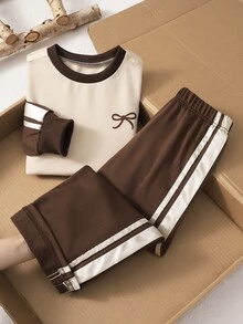 Elladie kids 2件組紫色蝴蝶結運動衫與長褲套裝，適合4-7歲小女孩，休閒運動套裝，秋季女童長袖慢跑套裝，兒童上衣與下裝居家舒適套裝，獨角獸風格 - 棕色 - 查看 1