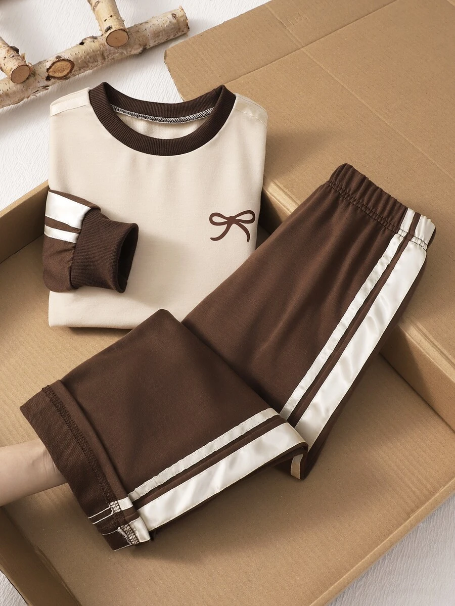 Elladie kids 2件組紫色蝴蝶結運動衫與長褲套裝,適合4-7歲小女孩,休閒運動套裝,秋季女童長袖慢跑套裝,兒童上衣與下裝居家舒適套裝,獨角獸風格 - 棕色 - 查看 1