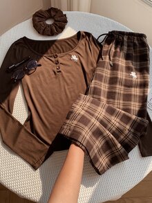 Comfortcana Women's Knight Embroidery Long Sleeve T-Shirt And Plaid Pants Casual 2 Pieces Set - Brown - View 3