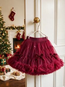 SHEIN Baby Girls' Elegant, Gorgeous, And Lovely Pink Tulle Puff Skirt, Perfect For Parties In Spring And Summer - Red - View 7
