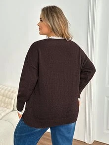 SHEIN CURVE+ Plus Size V-Neck Lace Trim Loose Casual Daily Back To School Office Knit Sweater - Brown - View 2