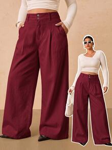 SHEIN Tall CURVE 大尺碼女款高腰口袋寬腿寬鬆休閒牛仔褲 - 紅色 - 查看 3