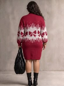 Cravure Autumn/Winter Plus Size Red Christmas Sweater Dress With Small Stand Collar, Bowknot And Snowflake Knit Skirt - Red - View 2
