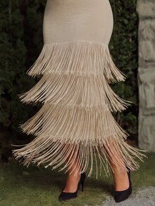 VOLUPTÉ CURVE Plus Size Elegant Style Tassel Hem Beaded Shiny Knit Dress Christmas - Khaki - View 7