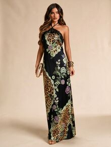 SHEIN BAE 秋冬豹紋緞面掛脖無袖抓褶優雅時尚復古洋裝，適合派對、婚禮賓客、夜晚外出 - 彩色 - 查看 3