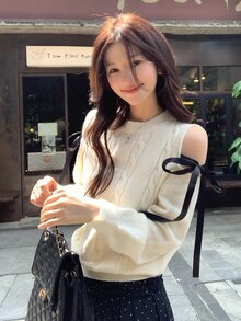 DAZY Women's Cold Shoulder Bow Decor Casual Pullover Sweater - White - View 5