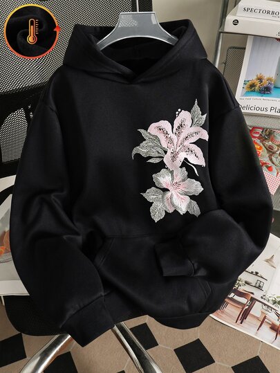 SHEIN Girls' Single Piece Vintage Chinese Style Floral Sweatshirt, Spring/Autumn Loose Fit Drop Shoulder Black Hooded Sweatshirt, Versatile Outerwear