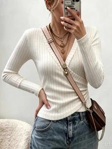 Zayélia New Casual Slimming Ruched Wrap V-Neck Versatile Women's T-Shirt - Apricot - View 3