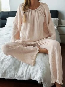 DAZY 2pcs Women's Pajama Set With Tassel Patchwork Solid Color Loose Long Sleeve Top And Long Pants - Apricot - View 10