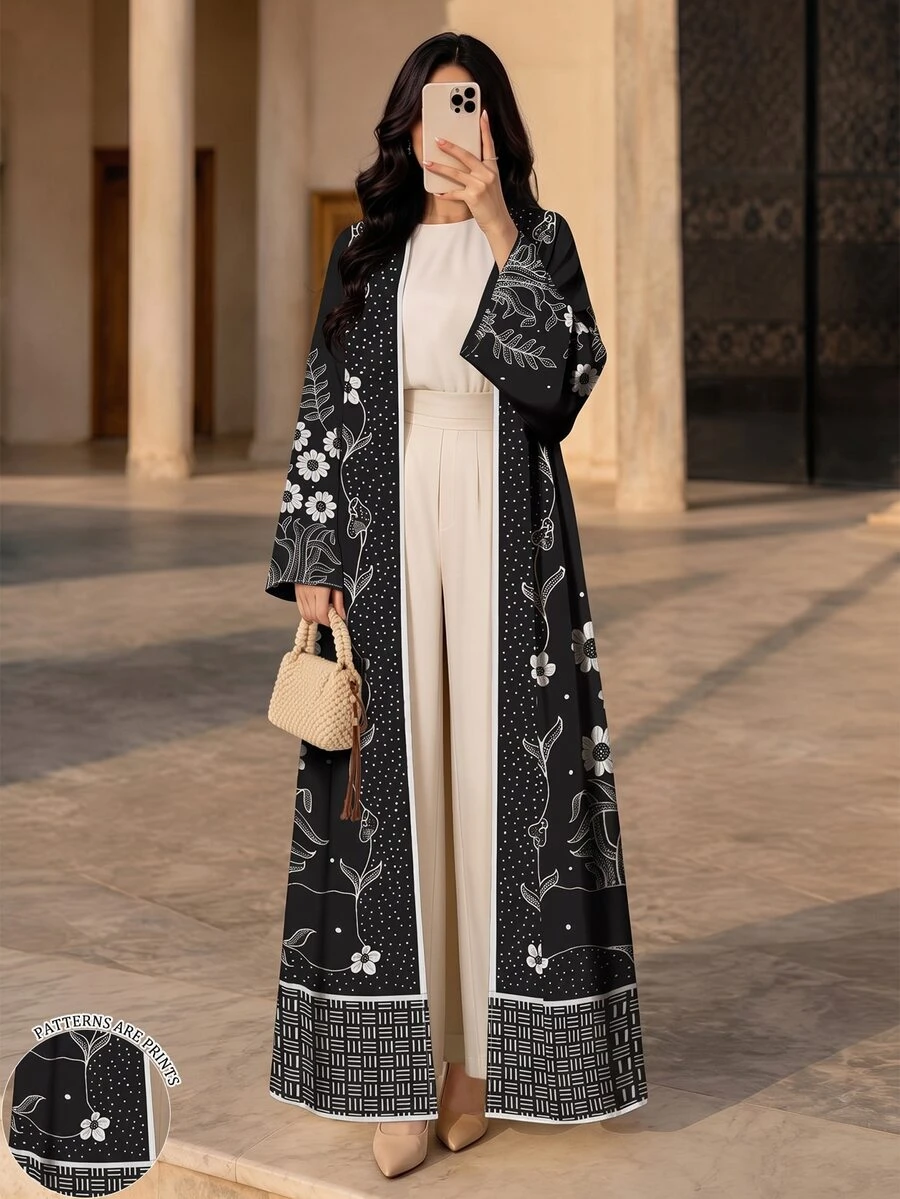 Al Najma 奶油白藍綠花卉印花女款阿巴亞,秋冬時尚開襟寬袖喇叭袖直筒長袍,適合日常街頭穿搭、晚宴派對、聚會穿著 - 彩色 - 查看 1
