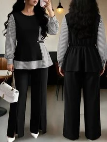GlowEve CURVE Plus Size Women Casual Striped Patchwork Waist-Cinching Shirt And Pants 2 Pieces Set - Black and White - View 3