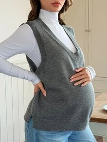 Dazy Maternity Solid Color Loose V-Neck Sleeveless Casual Vacation Korean Style Spring/Autumn Maternity Sweater Vest - Grey - View 8