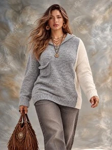 Roveilla Plus Size Women's Colorblock Pocket Hooded Long Sleeve Sweater - Multicolor - View 1